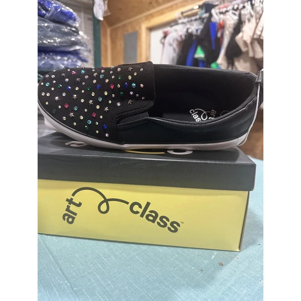 Art Class Hanna Kids Slip On Sneakers Black Rhinestone Star Embellished Size 5